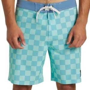NEW ..Quiksilver Blue Board Shorts with Checkerboard Pattern... Size 34